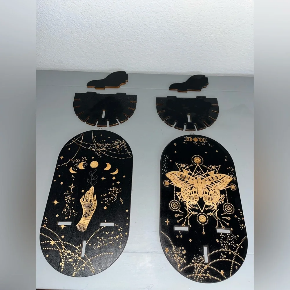 Set of 2 Mystical Boho Wooden Wall Shelves with Celestial & Moth Art Engraving